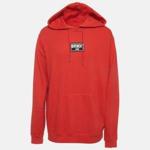 Pre Owned Givenchy Red Logo Patch Distressed Cotton Knit Hoodie XXL