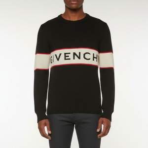 Pre Owned Givenchy Black Striped Logo Intarsia Wool Knit Sweater M