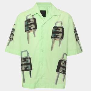 Pre Owned Givenchy Green 4G Lock Graphic Poplin Hawaiian Short Sleeve Boxy Fit Shirt M