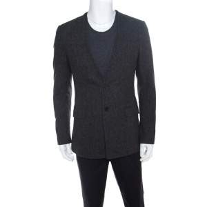 Givenchy Grey Wool Herringbone Pattern Collarless Tailored Jacket L