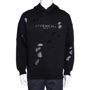 Givenchy Black Cotton Knit Distressed Logo Regular Fit Hoodie M