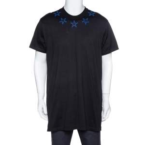 مملوكة مسبقًا Givenchy Black & Blue Cotton Star Embroidered Crew Neck T Shirt S