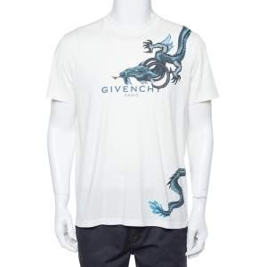 Pre Owned Givenchy Cream Cotton Dragon Logo Printed T Shirt L