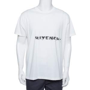 مملوكة مسبقًا Givenchy White Cotton Logo Printed Crewneck Distressed T-Shirt L