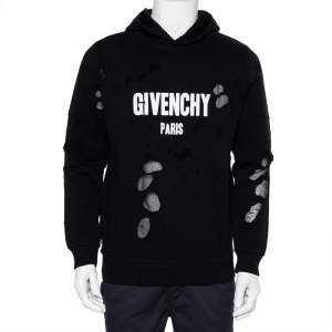 Pre Owned Givenchy Black Cotton Logo Printed Distressed Hoodie S