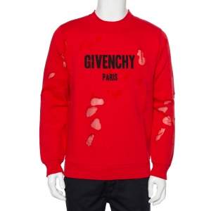 Pre Owned Givenchy Red Cotton Logo Printed Distressed Crewneck Sweatshirt S