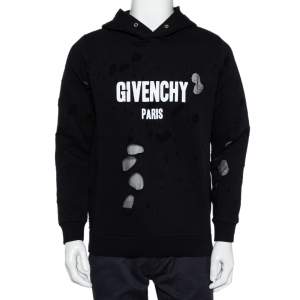Pre Owned Givenchy Black Logo Print Cotton Distressed Hooded Sweatshirt S