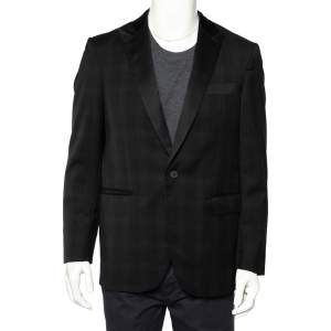 Pre Owned Givenchy Black Checkered Wool Contrast Trim Button Front Blazer L