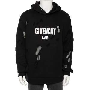 Pre Owned Givenchy Black Distressed Cotton & Mesh Inset Logo Printed Hooded Sweatshirt XXL
