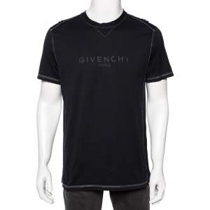 مملوكة مسبقًا Givenchy Black Logo Printed Side Trim Detail Distressed T-Shirt L