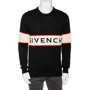 مملوكة مسبقًا Givenchy Black Intarsia Knit Wool Logoed Long Sleeve Sweater M