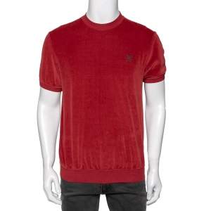 Pre Owned Givenchy Red Velour Logo Embroidered Crewneck T-Shirt L