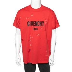 مملوكة مسبقًا Givenchy Red Distressed Cotton & Mesh Inset Short Sleeve T-Shirt S