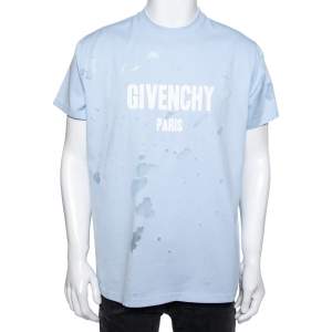 Pre Owned Givenchy Blue Distressed Cotton & Mesh Inset Logo Printed T-Shirt XS
