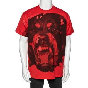 Pre Owned Givenchy Red Cotton Rottweiler Printed Distressed T-Shirt S