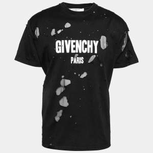 Pre Owned تي شيرت جيفنشي قطن وشبك أسود ممزق بشعار متداخل مقاس متوسط - ميديوم