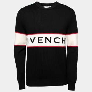 مملوكة مسبقًا Givenchy Black Logo Intarsia Knit Wool Long Sleeve Sweater M