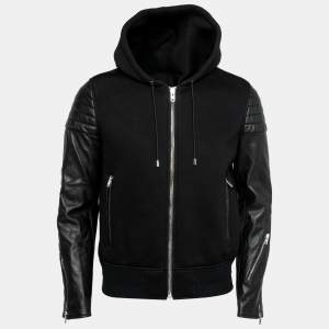 Pre Owned Givenchy Black Neoprene & Leather Hooded Bomber Jacket M
