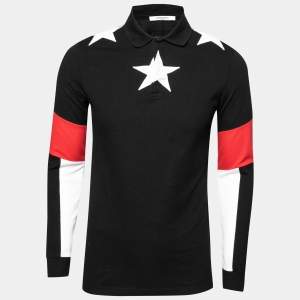 Givenchy  Black Star Embroidered Cotton Pique Long Sleeve Polo T-Shirt S