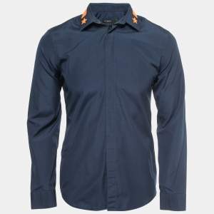 Givenchy Navy Blue Cotton Star-Embroidered Collar Button Front Shirt M
