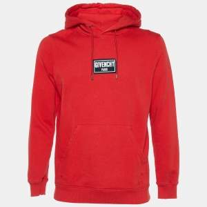 Givenchy Red Distressed Cotton Knit Box Logo Detail Hoodie XS