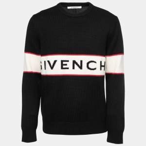 Givenchy Black Logo Band Intarsia Wool Knit Sweater L