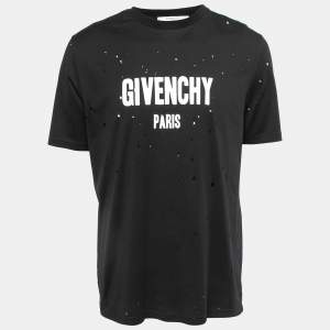Givenchy Black Distressed Cotton Logo Print Crew Neck Half Sleeve T-shirt M