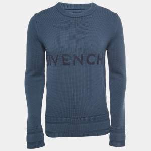 Givenchy Blue Logo Patterned Cotton Knit Crew Neck Sweater S