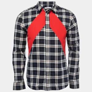 Givenchy Navy Blue Plaid Cotton Contrast Paneled Button Front Full Sleeve Shirt M