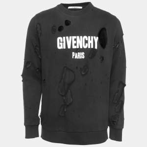 Givenchy Black Logo Print Distressed & Ripped Cotton Crew Neck Sweatshirt M