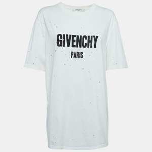 Givenchy White Logo Print Distressed Cotton Half Sleeve T-Shirt L