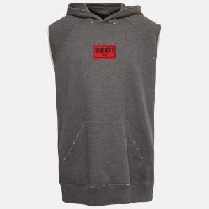 Givenchy Grey Logo Applique Distressed Knit Sleeveless Hoodie L