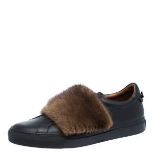 Givenchy Black Leather And Brown Mink Fur Urban Street Slip On Sneakers Size 43