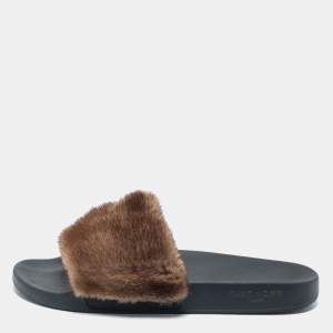 Givenchy Brown Mink Fur Pool Slide Sandals Size 46