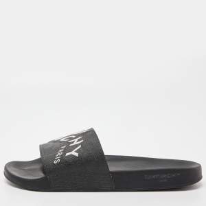 Givenchy Black Coated Canvas Embroidered Logo Slides Size 43