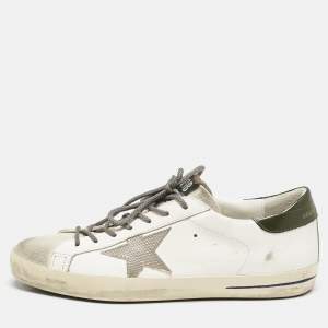Golden Goose White/Green Leather and Suede Super Star Sneakers Size 43