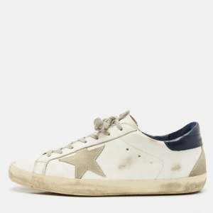 Golden Goose White/Navy Blue Leather Super Star Sneakers Size 42