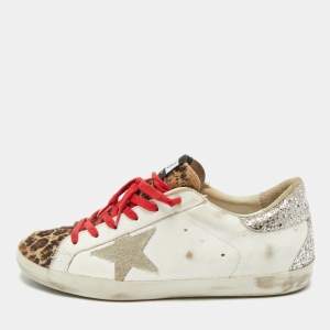 Pre Owned Golden Goose White/Brown Calf Hair Leather Super Star Sneakers Size 41