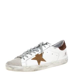 Pre Owned Golden Goose Brown/White Leather And Suede Distressed Superstar Sneakers Size 43