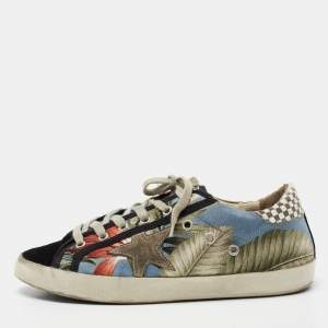 Golden Goose Multicolored Suede And Canvas Flower Print Super-Star Lace Up  Sneakers Size 40