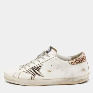 Golden Goose White/Brown Leather and Leopard Print Calf Hair Superstar Sneakers Size 45