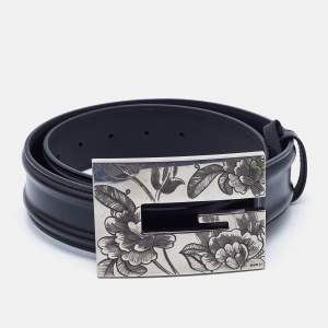 Gucci Black Leather Floral Wide G Buckle Belt 80CM