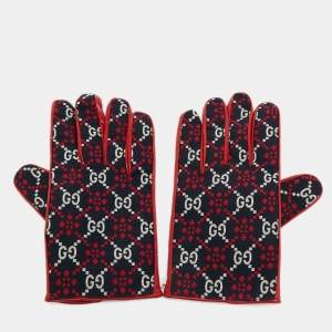 Pre Owned Gucci Gloves L Navy Blue/Red Diamond GG Canvas and Leather 10.5 / L