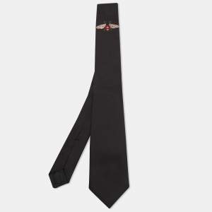Pre Owned Gucci Black Bee Embroidered Silk Slim Tie