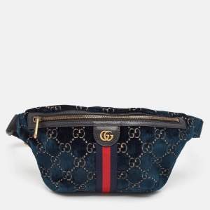 Gucci Blue GG Velvet and Leather Web Belt Bag