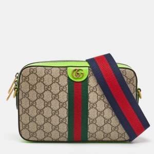 Gucci Beige/Green GG Supreme Canvas and Leather Ophidia Small Crossbody Bag
