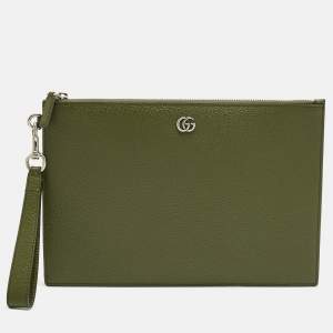 Pre Owned Gucci Fatigue Green Leather GG Marmont Pouch