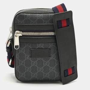 Pre Owned Gucci Black GG Supreme Canvas and Leather Web Messenger Bag