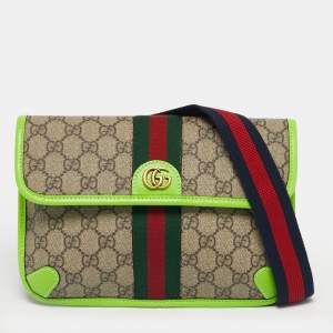 Pre Owned Gucci Neon Green/Beige GG Supreme Canvas and Leather Ophidia Belt Bag