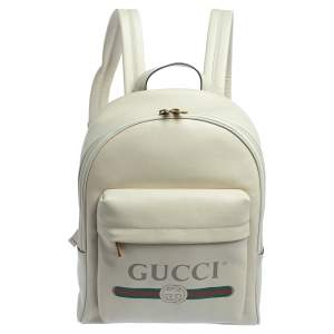 Gucci Off White Leather Logo Print Backpack